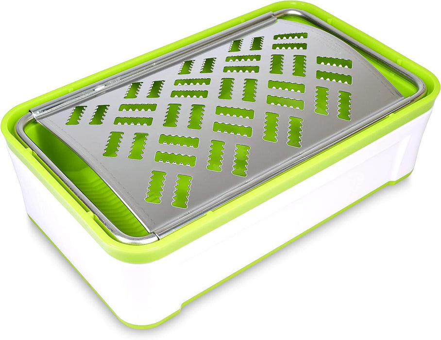 Seki Japan Box Cheese Grater with Container, 18/8 Stainless Steel Blade for Cheese, Vegetables, and Bread, Green&White