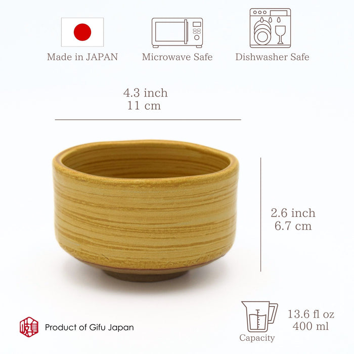 Ceramic Matcha Bowl 400ml 13.6 oz, Brush Stroke Pattern, Yellow