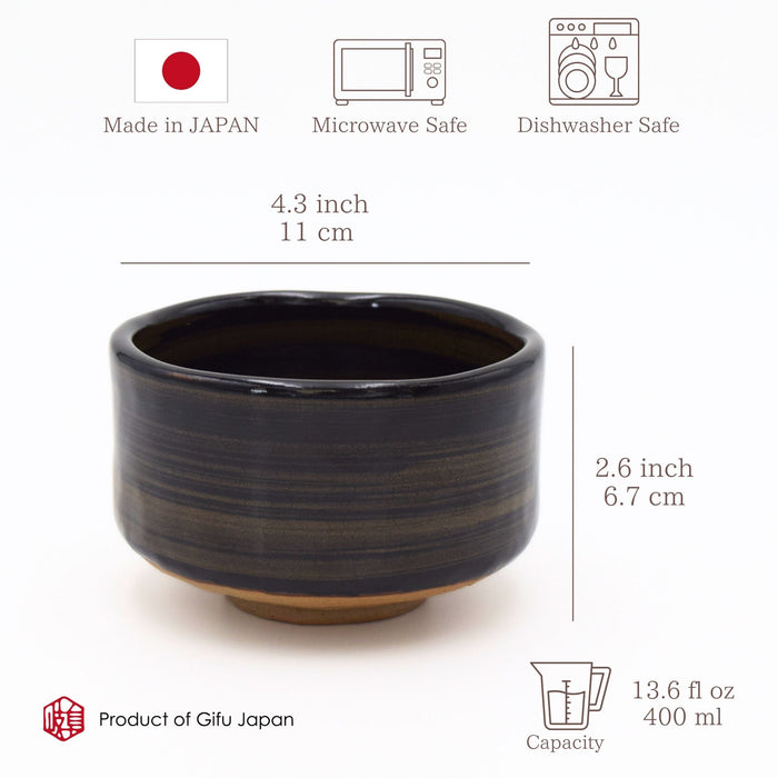 Ceramic Matcha Bowl 400ml 13.6 oz, Brush Stroke Pattern, Black