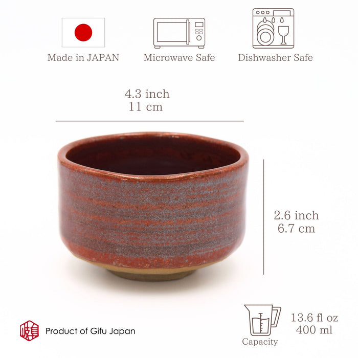 Ceramic Matcha Bowl 400ml 13.6 oz, Brush Stroke Pattern, Red