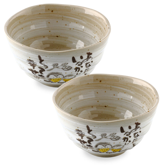 MIno Yaki(Ware) Handmade Japanese Rice Bowls Japanese Poem Owl Design, Set of 2, 4.5 inch, Cereal Bowls, Ceramic Miso Soup Bowls