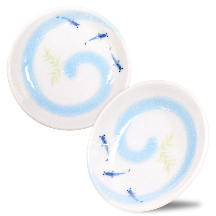 Japanese Mino Ware Mini Plate, Condiment Dipping Sushi Soy Sauces Snack Fruit Small Side Dish, 3.9 inch Round Killifish "MEDAKA" Design Set of 2