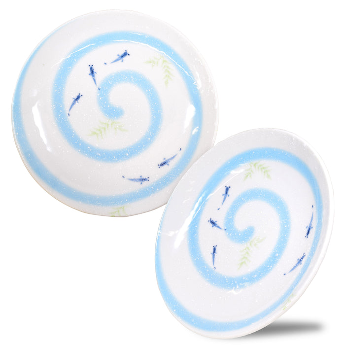 Japanese Mino Ware Small Appetizer Plate, Dinner Salad Desert Cake Multipurpose Dish, 6.3 inch Round Killifish "MEDAKA" Design Set of 2