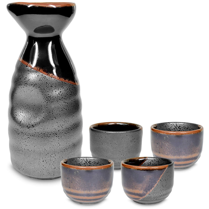 Mino Ware Traditional Japanese Sake Set, Tokkuri Bottle and 4 Ochoko Cups, Black Kuro Oribe