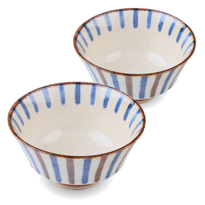 Mino Ware Japanese Rice Bowl, Rice Ramen Noodle Soup Sarada Pasta, PAIKAJI Warp Chawan, 5.0 inch, Rain Set of 2