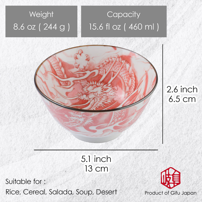 Mino Ware Japanese Rice Bowl, Rice Ramen Noodle Soup Sarada Pasta, Red Dragon Design Chawn, 2.5 inch 8.8oz, Set of 2