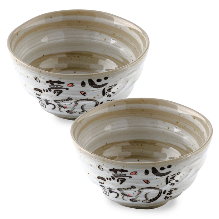 MIno Yaki(Ware) Handmade Japanese Rice Bowls Japanese Poem Cat, Set of 2, 4.5 inch, Cereal Bowls, Ceramic Miso Soup Bowls, Serving Bowls for Pasta, Small Salad, Ramen Udon Noodle, Dessert, Fruit