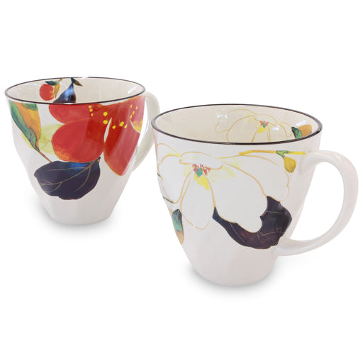 Mino Ware Floral Mug Cup Set, 3.6 inch, Red Sasanqua, White Magnolia, Japanese Ceramic Coffee Mug, 6.8 floz Set of 2