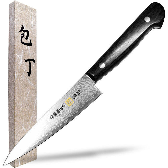Iseya Jihei Damascus Petty Knife 120mm Japanese Chef Knife Black Pakka Handle G-1
