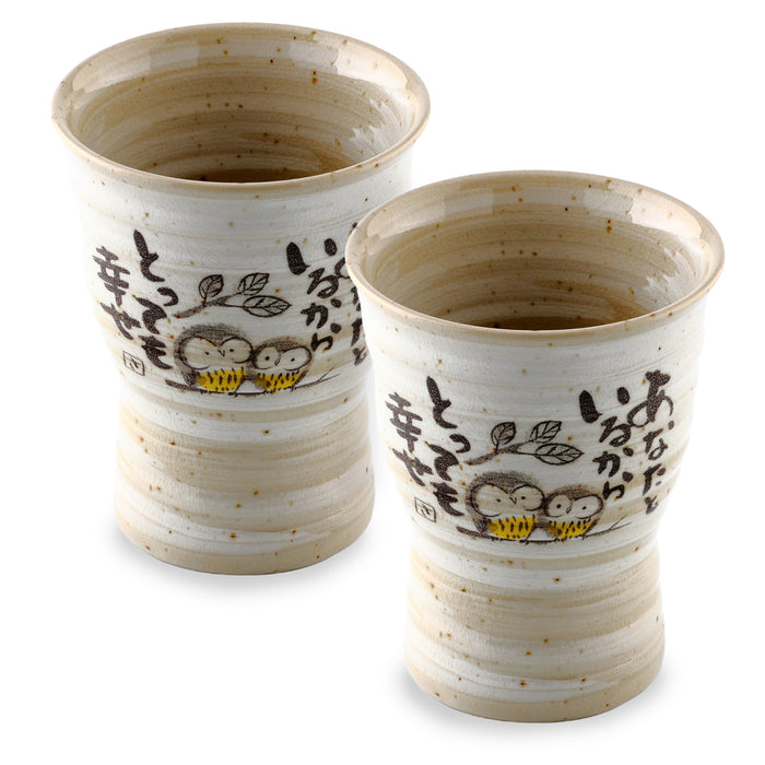 Mino Ware Warabe Uta Lucky Owl Pattern Tumbler Set of 2 - 11 fl oz, 4 inch