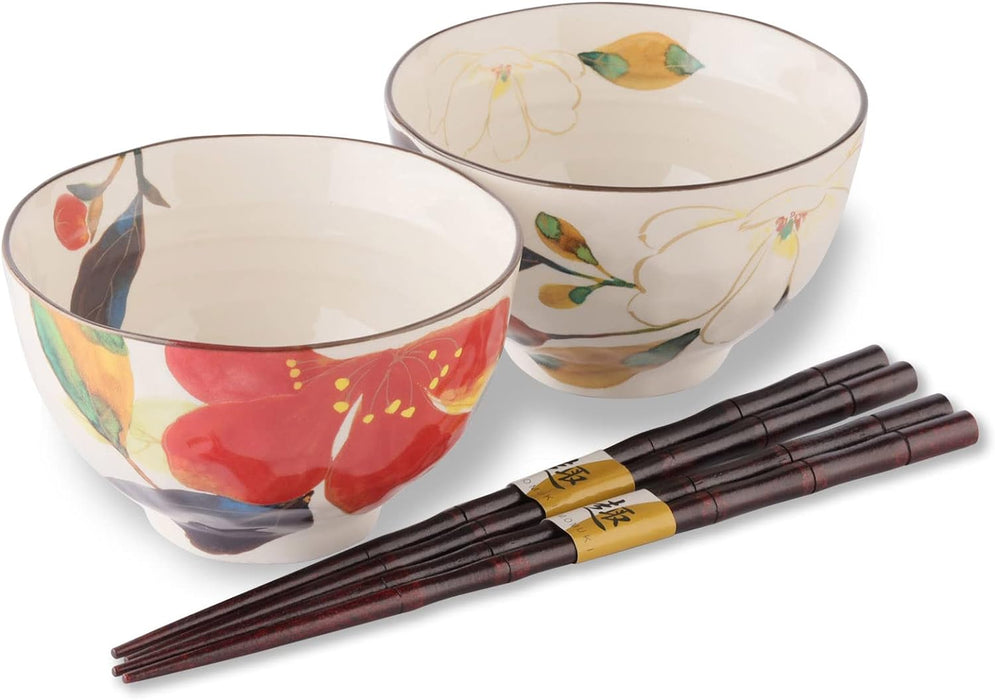 Mino Ware Japanese Rice Bowls with Chopsticks, Set of 2, 200 ml, Modern Kitchen Bowl for Dessert, Cereal, Salad, Soup, Udon, Noodles - Made in Japan