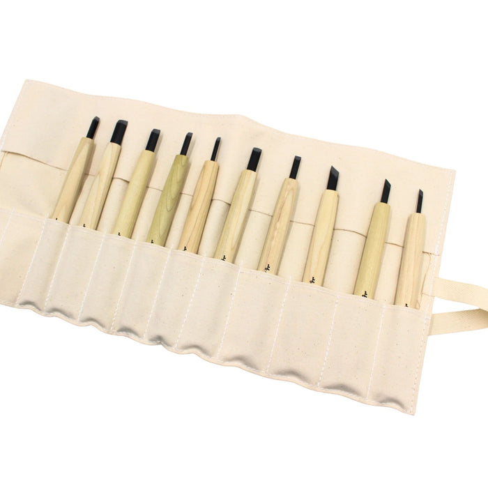 10-Piece Professional Japanese Wood Carving Chisel Set – YOSHIHARU MITOMO with Fabric Roll-Up Case