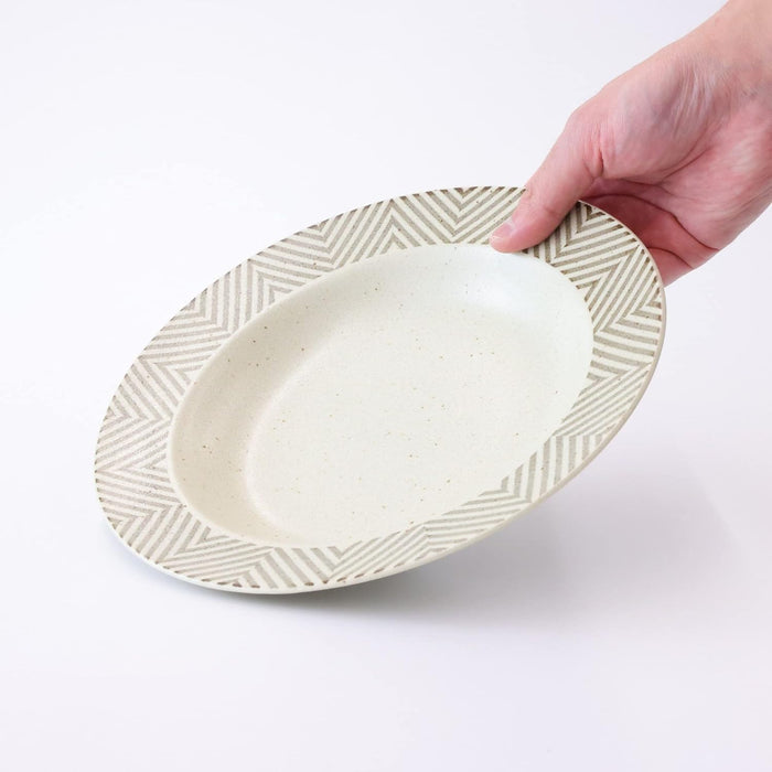 Mino Ware Dinner Plate, Herrin-Bone, Brown, Rim, 9.4 inch, Salad/Pasta Bowl, Japanese Ceramic Pasta Plate, Microwave/Dishwasher Safe