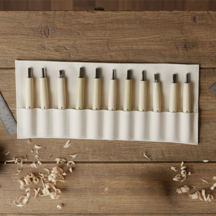 10-Piece Professional Japanese Wood Carving Chisel Set – YOSHIHARU MITOMO with Fabric Roll-Up Case