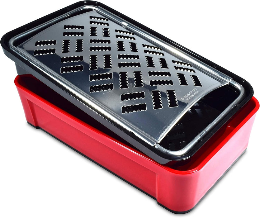 Seki Japan Box Cheese Grater with Container, 18/8 Stainless Steel Blade for Cheese, Vegetables, and Bread, Black&Red