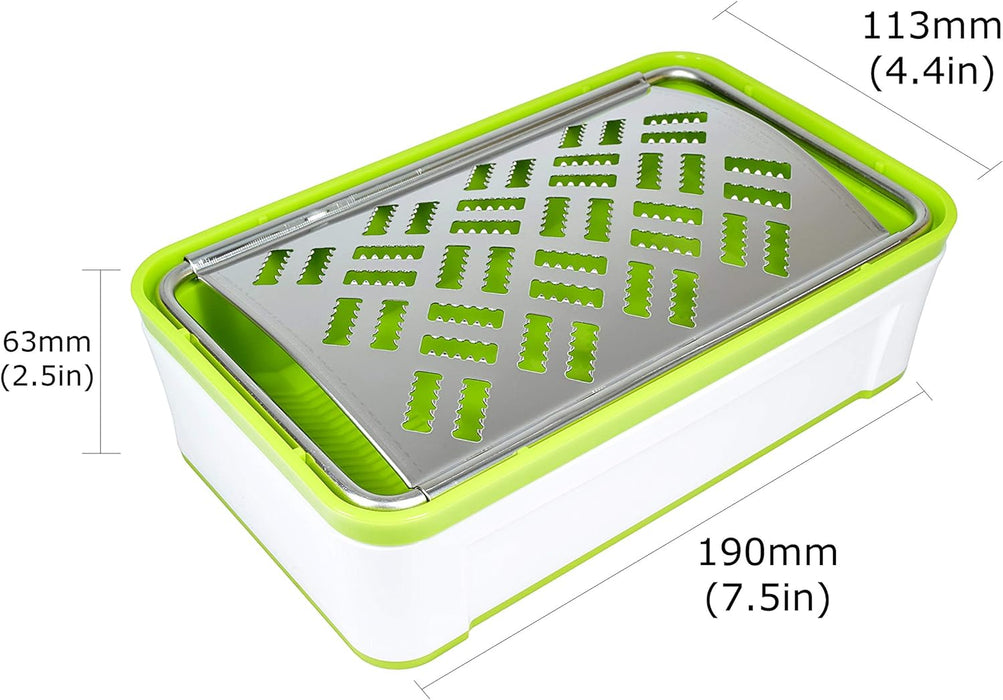 Seki Japan Box Cheese Grater with Container, 18/8 Stainless Steel Blade for Cheese, Vegetables, and Bread, Green&White