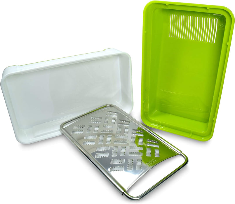Seki Japan Box Cheese Grater with Container, 18/8 Stainless Steel Blade for Cheese, Vegetables, and Bread, Green&White