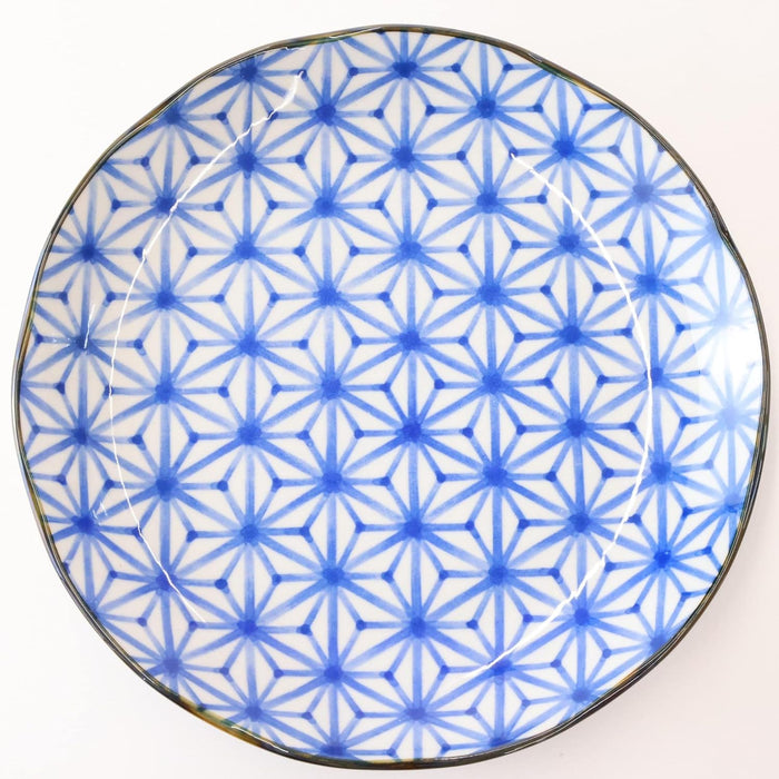 Mino Ware Diner Plate, Monyo, Indigo - Asanoha, 10 inch, Salad/Pasta Bowl, Japanese Ceramic Pasta Plate, Microwave/Dishwasher Safe