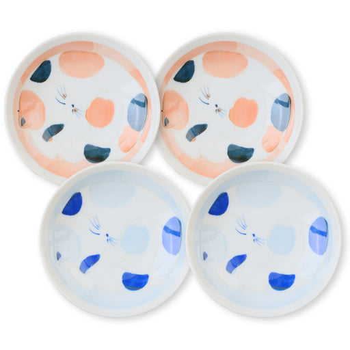 Shunmin Neko Cat Small Appetizer Plates Set of 4, Orange/Blue - 5 inch, Japanese Ceramic Dessert Plate