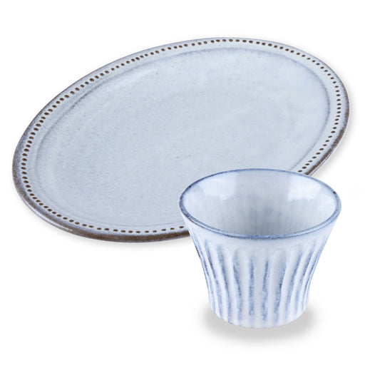Mino Ware Oval Plate/Cup Set, Dot Rim Oval Plate Gray - 9 inch, Cup 7 fl oz