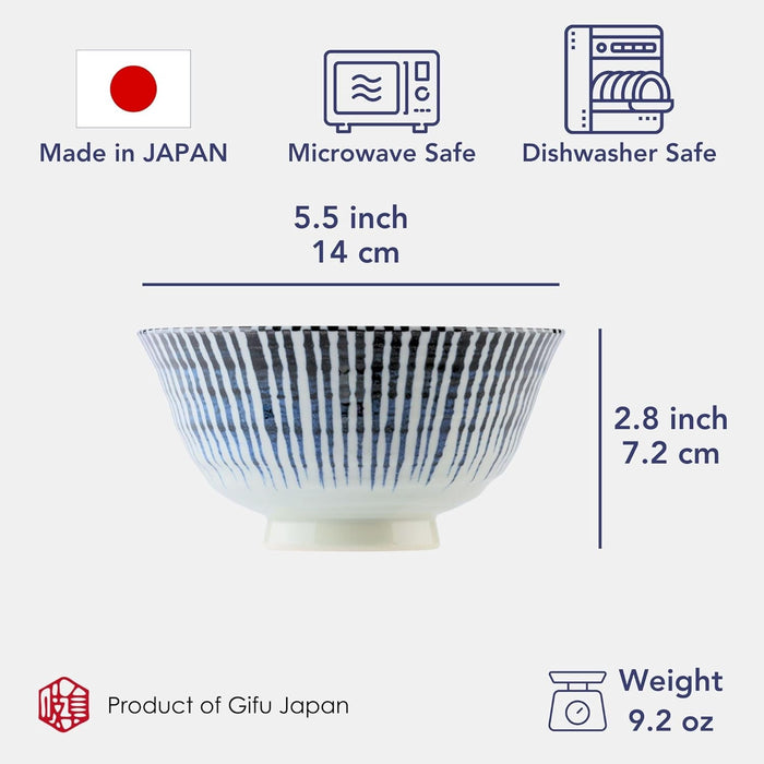 Mino Ware Ceramic, Sendan-Tokusa Rim Japanese Rice Bowls, Serving Bowl, Indigo Blue, Gift, Chawan Bowl, Set of 2, 12 fl oz, 6 inch