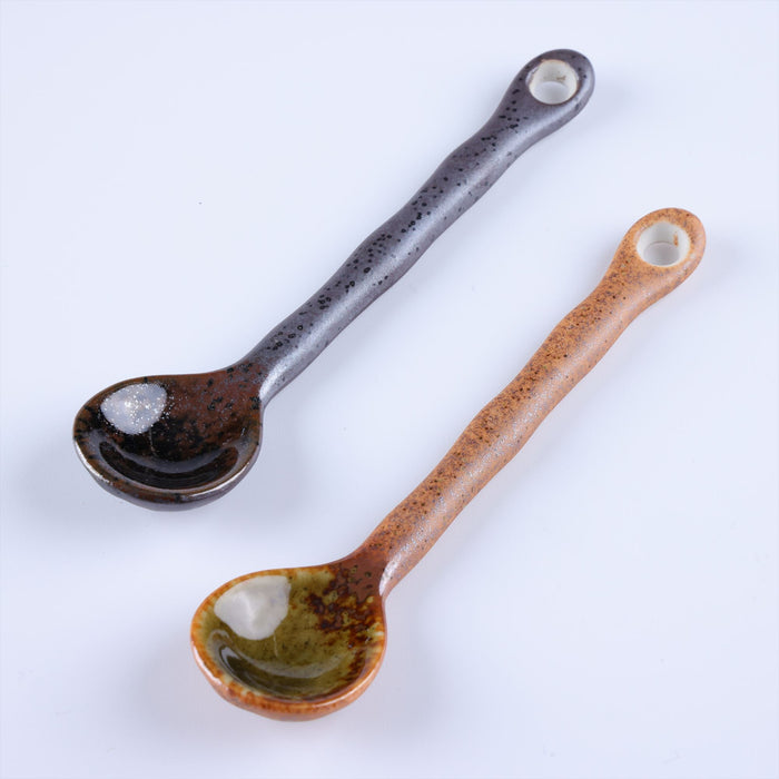 Mino Ware Ceramic Spoons Set of 4, Kurofuki/Shigaraki Coffee Spoons Brack/Brown - 1 inch