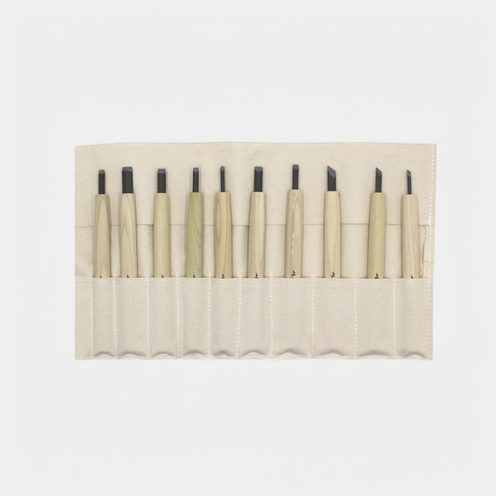 10-Piece Professional Japanese Wood Carving Chisel Set – YOSHIHARU MITOMO with Fabric Roll-Up Case