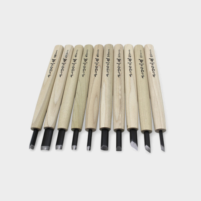 10-Piece Professional Japanese Wood Carving Chisel Set – YOSHIHARU MITOMO with Fabric Roll-Up Case