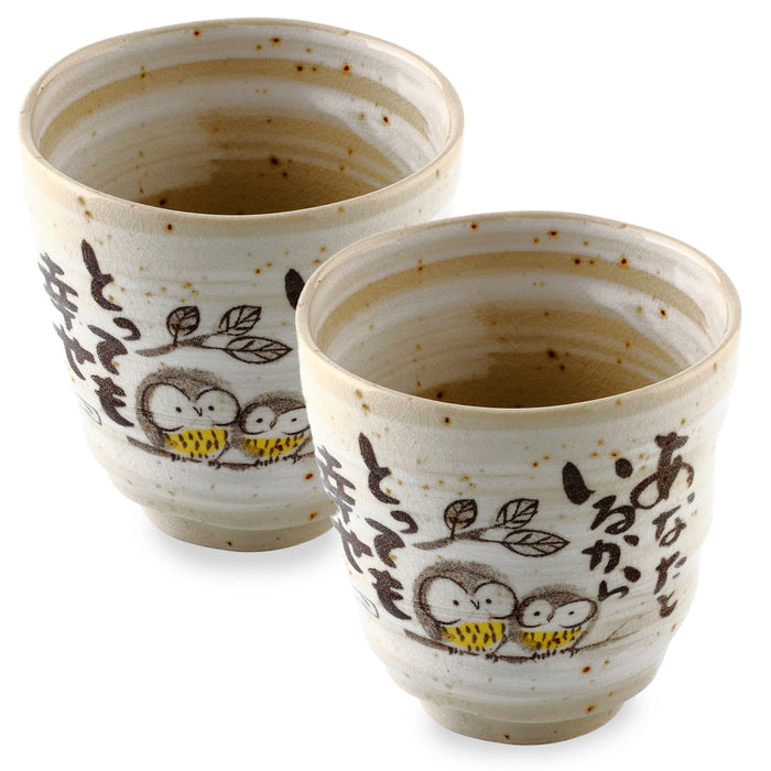 Authentic MIno Yaki(Ware) Handmade Japanese Tea Cups Yunomi Teacup Mug, Japanese Poem Owl Design Gray Lucky Charms, 6.4 fl.oz Set of 2, Ceramic, Tea Party Set, Japanese Gifts, Green Tea, Matcha Tea