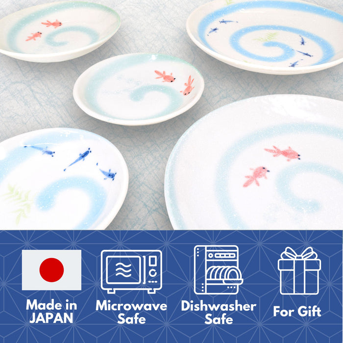 Japanese Mino Ware Small Appetizer Plate, Dinner Salad Desert Cake Multipurpose Dish, 6.3 inch Round Killifish "MEDAKA" Design Set of 2