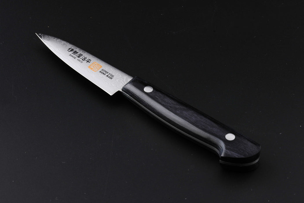 Iseya Jihei Damascus Paring Knife 76mm Japanese Kitchen Knife Black Pakka Handle G-0