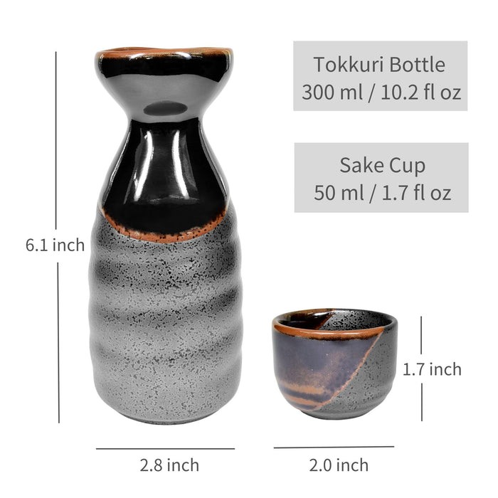 Mino Ware Traditional Japanese Sake Set, Tokkuri Bottle and 4 Ochoko Cups, Black Kuro Oribe