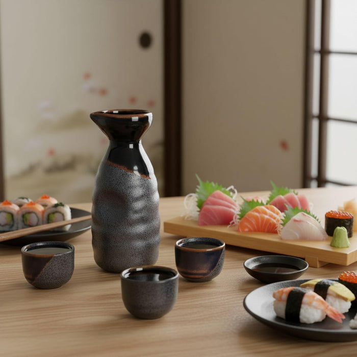 Mino Ware Traditional Japanese Sake Set, Tokkuri Bottle and 4 Ochoko Cups, Black Kuro Oribe
