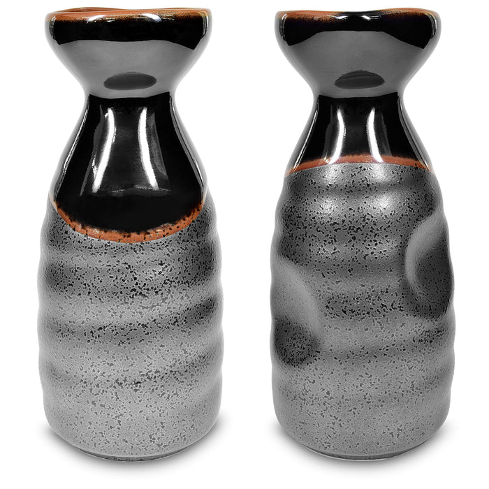 Mino Ware Traditional Japanese Sake Set, Tokkuri Bottle and 4 Ochoko Cups, Black Kuro Oribe