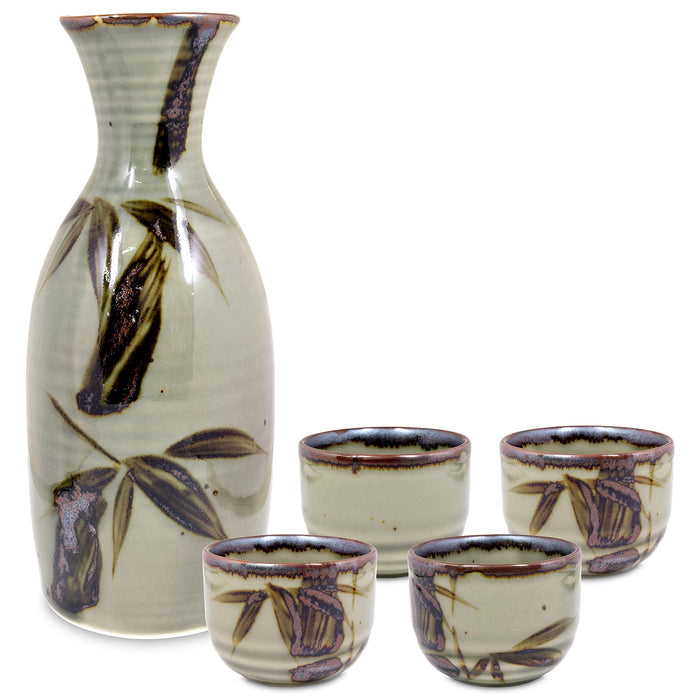 Japanese Sake Set, 1 Tokkuri Bottle Carafe and 4 Ochoko Cups Ceramic Sake Glasses, 5 Piece Set, Green Mashikodake