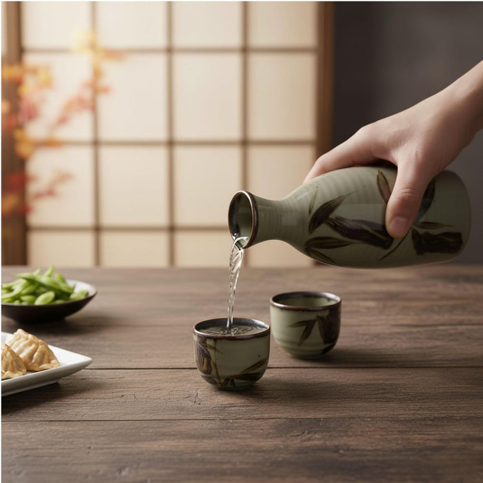 Japanese Sake Set, 1 Tokkuri Bottle Carafe and 4 Ochoko Cups Ceramic Sake Glasses, 5 Piece Set, Green Mashikodake