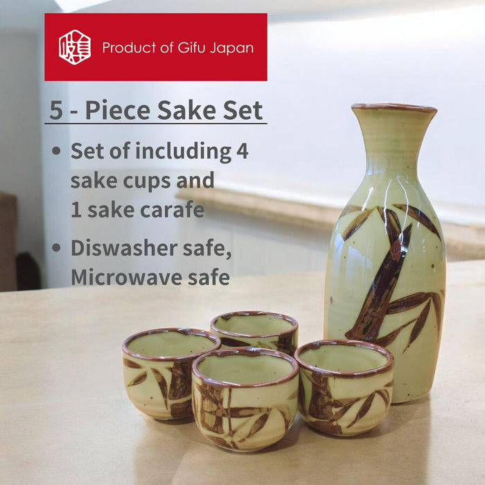 Japanese Sake Set, 1 Tokkuri Bottle Carafe and 4 Ochoko Cups Ceramic Sake Glasses, 5 Piece Set, Green Mashikodake