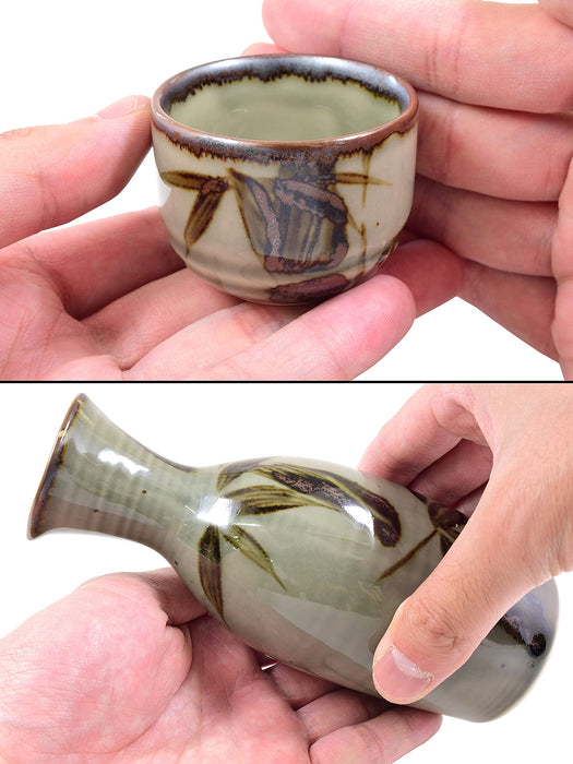 Japanese Sake Set, 1 Tokkuri Bottle Carafe and 4 Ochoko Cups Ceramic Sake Glasses, 5 Piece Set, Green Mashikodake