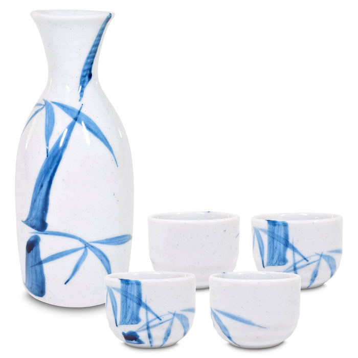 Mino Ware Traditional Japanese Sake Set, Tokkuri Bottle and 4 Ochoko Cups, White Nashijidake