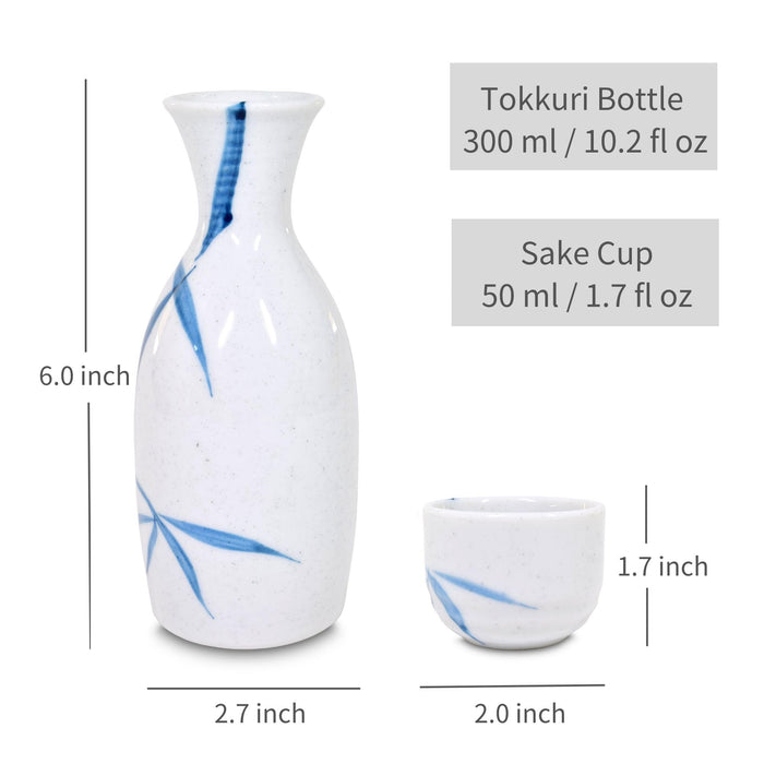 Mino Ware Traditional Japanese Sake Set, Tokkuri Bottle and 4 Ochoko Cups, White Nashijidake