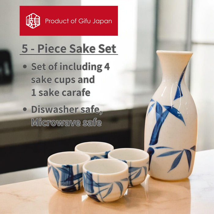 Mino Ware Traditional Japanese Sake Set, Tokkuri Bottle and 4 Ochoko Cups, White Nashijidake
