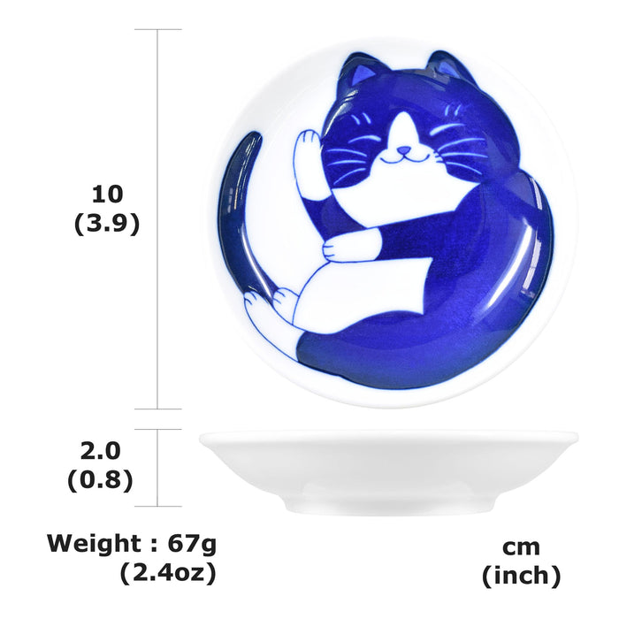 Mino Ware Japanese Mini Side Condiment Plate, Sushi Soy Sauce Fruit Cake, NEKOCHIGURA Cat Design, 3.9 inch, 4 Pattern Set