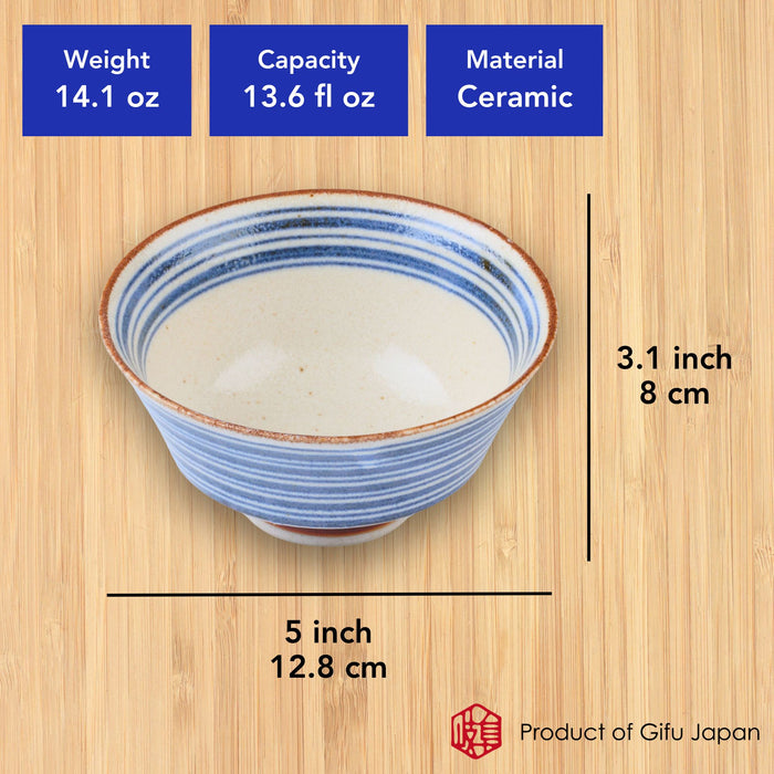 Mino Ware Japanese Rice Bowl, Rice Ramen Noodle Soup Sarada Pasta, PAIKAJI Warp Chawan, 5.0 inch, Rain Set of 2