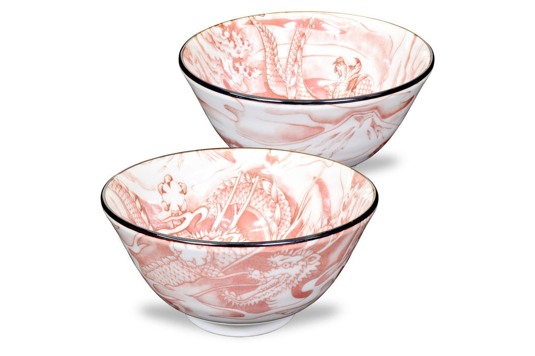 Mino Ware Japanese Rice Bowl, Rice Ramen Noodle Soup Sarada Pasta, Red Dragon Design Chawn, 2.5 inch 8.8oz, Set of 2