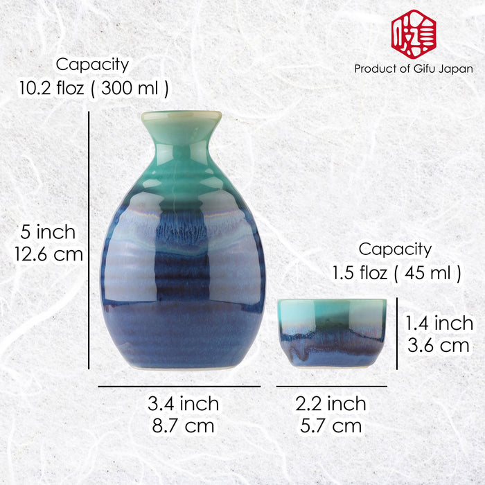 Mino Ware Seiryu Sake Set One Sake Bottle & Two Sake Cups - 10 fl oz, 8 inch
