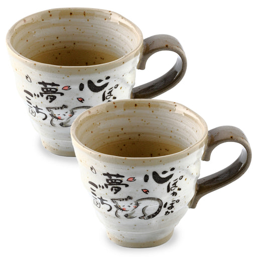 Japanese Mino Yaki(Ware) Ceramic Coffee Mugs Set of 2, Japanese Poem Cat Design, Gray 8.8 fl oz, Handmade Tea Cups, for Tea Ceremony, Green Tea, Matcha Tea, Japanese Cute Gifts