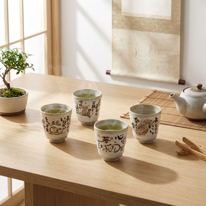 Authentic Mino Yaki(Ware) Handmade Japanese Tea Cups Yunomi Teacup Mug, Japanese Poem Jizo Statue Design Gray, 6.4 fl. oz Set of 2, Ceramic, Tea Party Set, Japanese Gifts, Green Tea, Matcha Tea