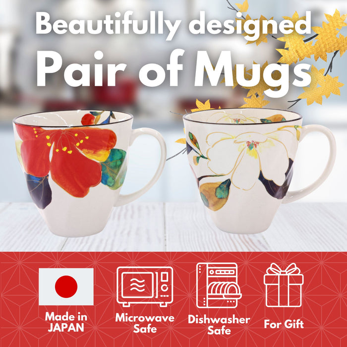 Mino Ware Floral Mug Cup Set, 3.6 inch, Red Sasanqua, White Magnolia, Japanese Ceramic Coffee Mug, 6.8 floz Set of 2