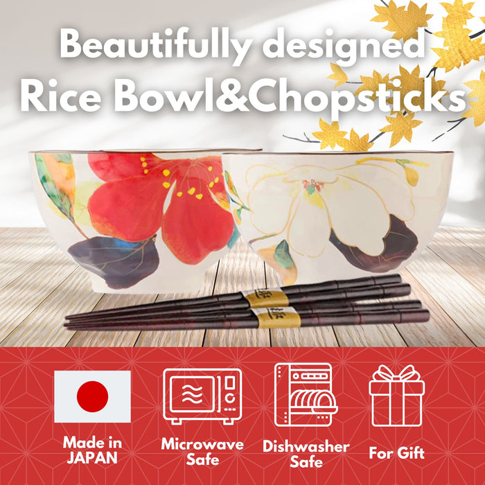 Mino Ware Japanese Rice Bowls with Chopsticks, Set of 2, 200 ml, Modern Kitchen Bowl for Dessert, Cereal, Salad, Soup, Udon, Noodles - Made in Japan