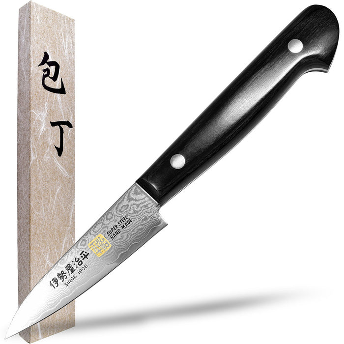 Iseya Jihei Damascus Paring Knife 76mm Japanese Kitchen Knife Black Pakka Handle G-0